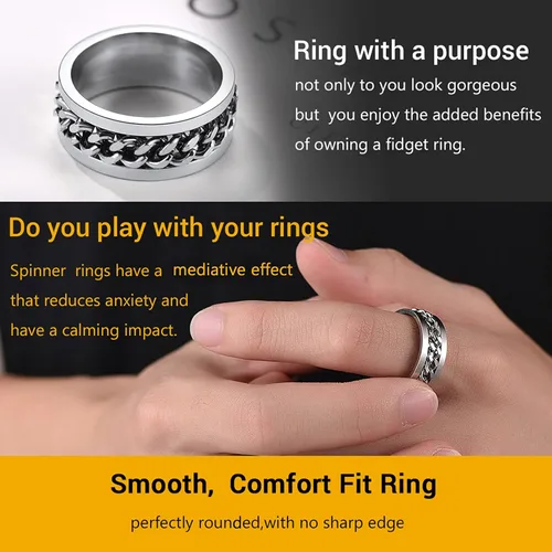 Vista 3 de PROSTEEL Anillo giratorio para hombre, anillos para ansiedad, cadena de eslabones cubanos giratoria de 0.315 in, anillo grueso, tamaño 6-14, grabado