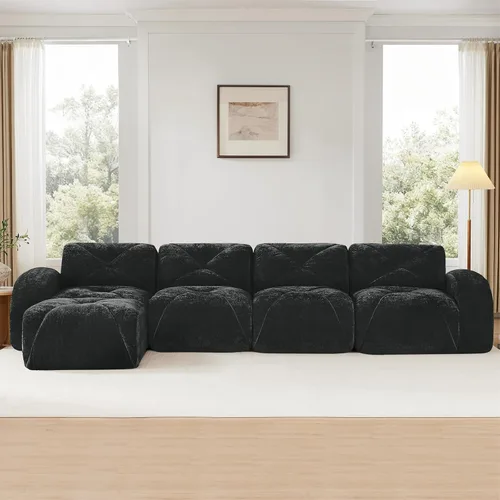 Vista 3 de Sofás modulares en forma de L de 140.9 pulgadas para sala de estar, moderno sofá sin hueso de terciopelo con 1 otomana, no requiere montaje, cómodo