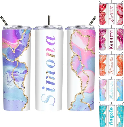Vista 19 de Vasos delgados personalizados con tapas y pajitas de 20 onzas, diseño de mármol personalizado, vasos de acero inoxidable delgados con nombre