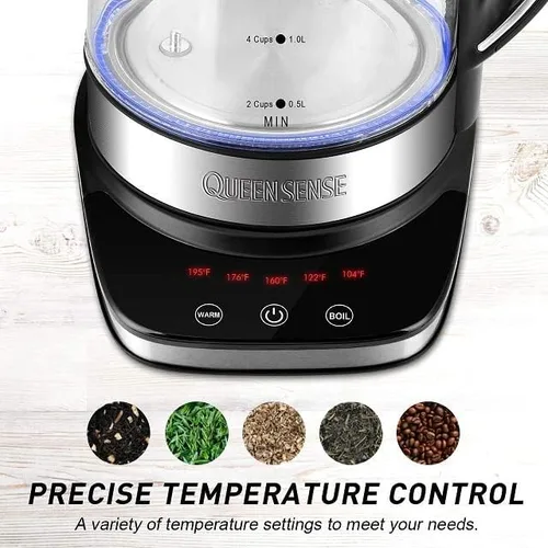Vista 2 de QUEENSENSE - Teteras eléctricas de vidrio para agua caliente con luz LED azul de 1,7 L
