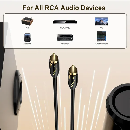 Vista 3 de J&D Audiophiles - Cable RCA de 24 AWG 2RCA macho a macho, cable de audio de interconexión estéreo, cable de subwoofer chapado en oro para cine