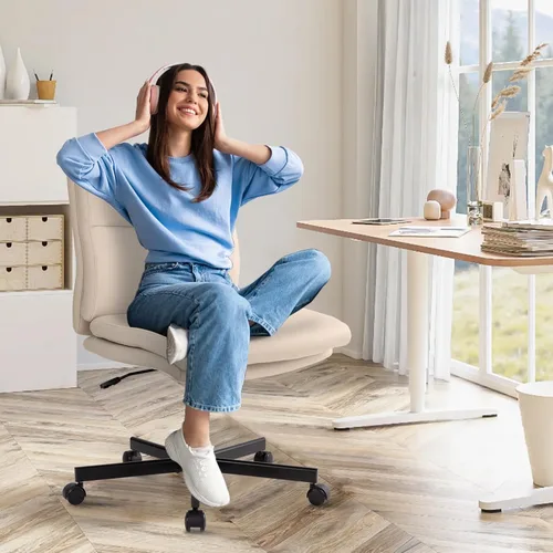 Vista 3 de LUCKWIND Silla de escritorio de oficina sin brazos con ruedas, silla de trabajo giratoria cruzada con espalda media, silla de tocador acolchada