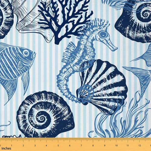 Vista 20 de jejeloiu Tela de Tapicería de Concha de Erizo de Mar por Yarda, Tela de Retapizado con Temática Marina Oceánica para Sillas, Tela Decorativa