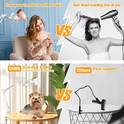 Vista 5 de Soporte blanco para secador de pelo de perro, soporte giratorio de 360° con abrazadera ajustable para secadores de pelo, soporte 3 en 1 para secador