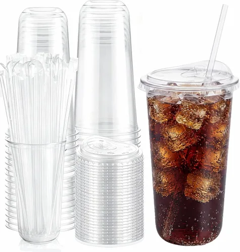 Vista 14 de Ziliny Paquete de 50 vasos de plástico transparente negro de 12 onzas con tapas y popotes, vasos desechables para mascotas, taza de café helado