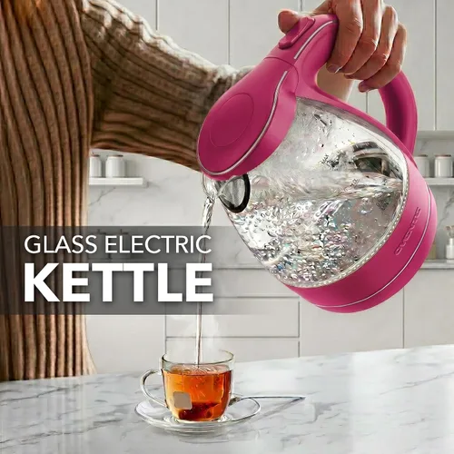 Vista 7 de OVENTE Hervidor Eléctrico, 1.5L de Vidrio de Borosilicato para Encimera, Calentador y Hervidor de Agua para Café o Té, Libre de BPA, Apagado Rosa