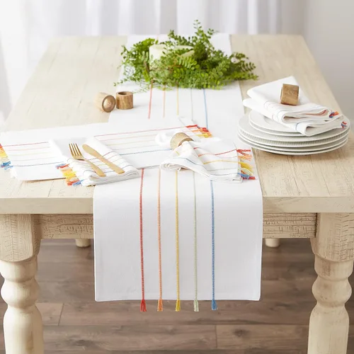 Vista 5 de DII Colección decorativa de mesa con borlas, lavable a máquina, juego de manteles individuales, 13x19, blanco y arcoíris, 4 piezas