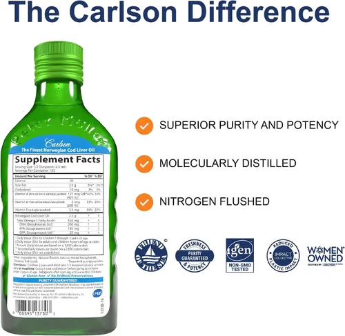 Vista 2 de Carlson - Aceite de hígado de bacalao para niños, 550 mg de omega-3, más vitaminas A y D3, bacalao ártico noruego capturado en la naturaleza, aceite