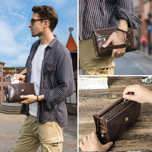 Vista 2 de Contacts Genuine Leather Mens Clutch Bag Code Lock Anti Theft Travel Clutch Wallet Clutches Organizer