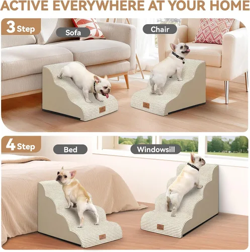 Vista 3 de Zerbuger Rampa para perros y escaleras para cama, beige de 3 escalones