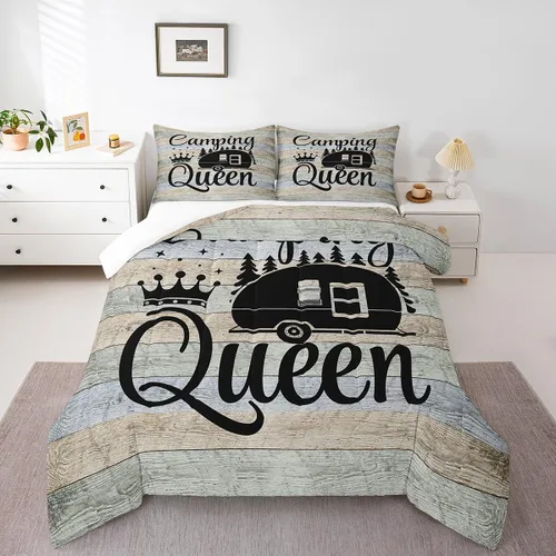 Vista 25 de Juego de ropa de cama con temática de cámper, juego de edredón de cabaña de madera marrón y verde, tamaño matrimonial, 3 piezas, decoración de Multi