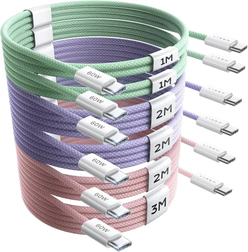 Vista 28 de LISEN Cable USB C, paquete de 5 cables USBC a USBC [0.5 pies] para iPhone 17 16e 15 Pro Max, cable de carga rápida de 60 W C a C para Galaxy Negro
