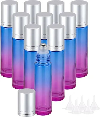 Vista 8 de Juego de 10 botellas enrollables de vidrio, 0.3 fl oz (1/3 onza), tarros de rodillo de gradiente azul con abridor de embudos, frascos de vidrio