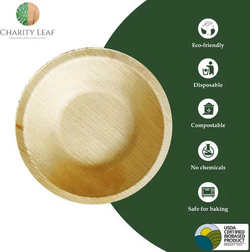 Vista 2 de Charity Leaf Cuenco redondo desechable de hoja de palma de 4 pulgadas (50 piezas) Parecido al bambú Todo natural y biodegradable Tablas