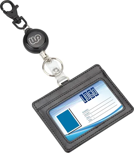 Vista 8 de Wisdompro, sujetador de documento de identidad de piel de PU de dos caras, riel retráctil y anillo para llave. Vertical
