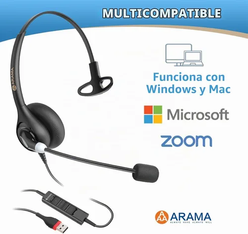 Vista 2 de Arama Auriculares USB con micrófono (A600MONO) - Cancelación de ruido, control de volumen y silencio en línea, compatible con USB-A y USB-C