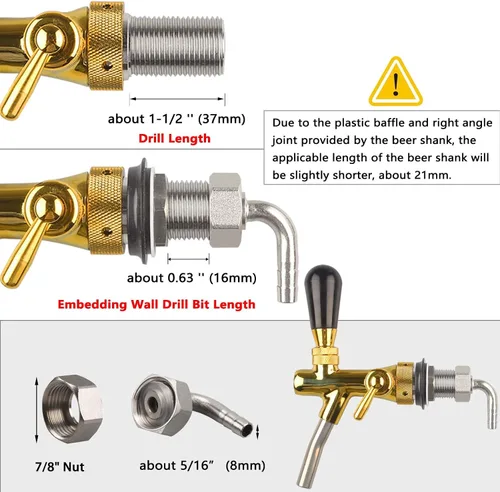 Vista 2 de LUCKEG Grifo de cerveza ajustable dorado – Controlador de flujo, grifo de barril de cerveza, vástago cromado G5/8 rosca con tuerca hexagonal