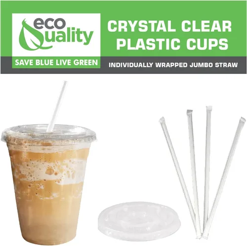 Vista 5 de Vasos desechables de plástico transparente extra grandes con tapas y pajitas, 100 unidades, 24 onzas (onzas) taza de PET transparente para batidos