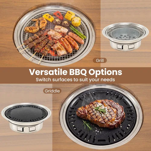Vista 3 de HAPPYGRILL Carrito de parrilla al aire libre, mesa móvil de preparación de alimentos con parrilla de carbón coreano, panel lateral plegable, 2