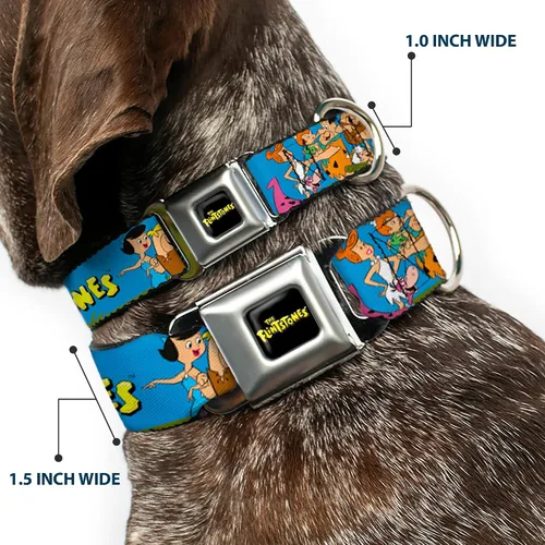 Vista 2 de Collar de perro hebilla de cinturón de seguridad The Picapiedra y Rubbles Group Pose Logo Azul 9 a 15 pulgadas 1.0 pulgadas de ancho