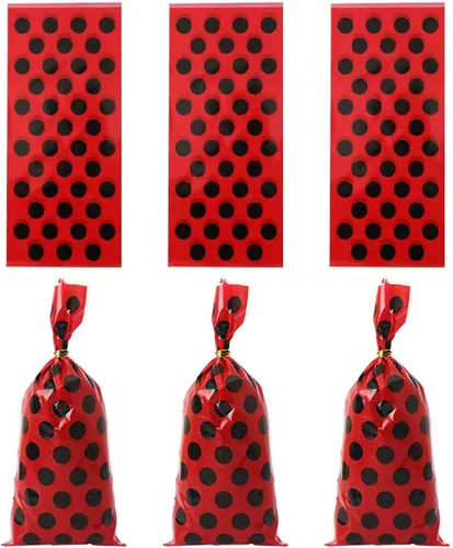 Vista 3 de UY 50 bolsas de celofán de celofán con lunares negros, bolsas de dulces de celofán, bolsas de plástico para golosinas de celofán, bolsas de fiesta
