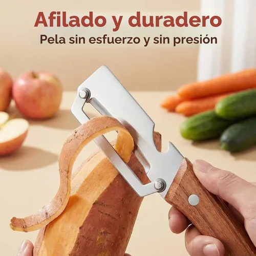 Vista 4 de Pelador de verduras multifuncional para cocina, hoja de acero inoxidable ultra afilada con mango de madera y abridor de botellas, para frutas y 1