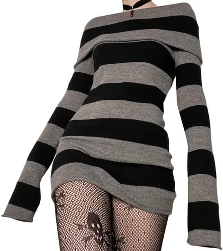 Vista 4 de Vestido corto de punto con hombros descubiertos, manga larga, hombros descubiertos, vestido corto de punto acanalado Y2K