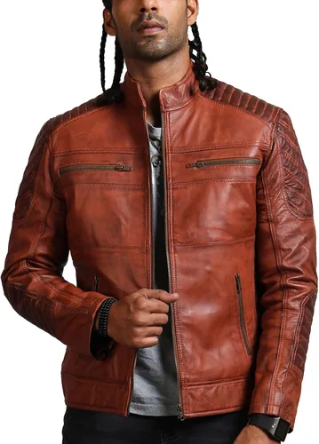 Vista 3 de Chamarras de cuero marrón para hombre - Cafe Racer Slim Fit cuero Biker Jacket Hombre