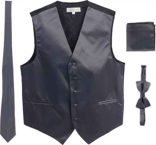 Vista 13 de Gioberti Chaleco formal de satén de 4 piezas para hombre, corbatín y pañuelo de bolsillo Negro D