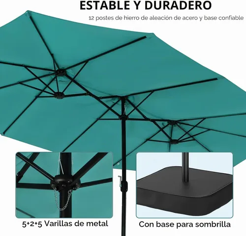Vista 4 de Sombrilla de doble cara para patio de 15 x 9 pies con base y manivela, sombrilla rectangular extragrande para patio, césped y jardín, beige