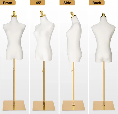 Vista 5 de Vestido de maniquí femenino con forma de torso, cuerpo de maniquíes de torso ajustable con base de metal, maniquí de ropa dorado para coser, tienda