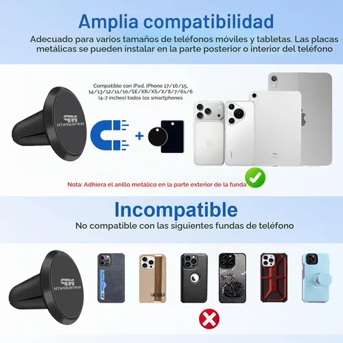 Vista 4 de Mini soporte de teléfono de aleación de aluminio para ventilación de automóvil, imán súper fuerte N52, universal, compatible con iPhone 17 Negro