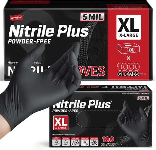 Vista 10 de Supmedic Nitrile+ Disposable Exam Gloves, 5Mil Chemical Resistant Powder-Free Food Safe Clean Medical Glove Black Blue 1000Ct