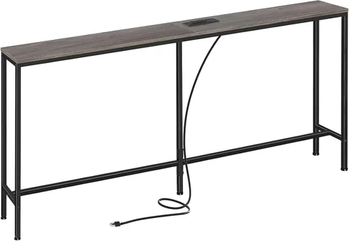 Vista 13 de SUPERJARE Mesa consola con tomacorriente, mesa de sofá de 63 pulgadas con estación de carga, mesa de entrada estrecha, mesa de pasillo delgada, mesa