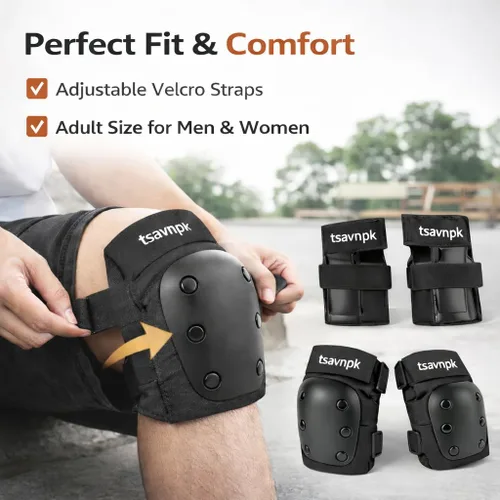 Vista 4 de Adult Knee and Elbow Pads Set with Wrist Guards, Protective Gear for Roller Skating, Inline Skating, Skateboarding, BMX, Scooter & Cycling
