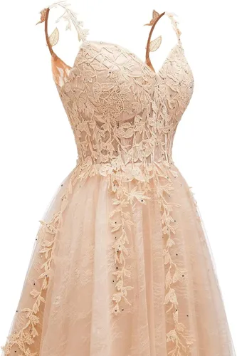 Vista 2 de Vestidos cortos de tul con apliques de encaje para mujer, cuello en V, vestidos cortos de cóctel para adolescentes