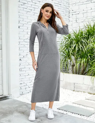 Vista 3 de MISSKY Vestido largo con capucha y cuello de cremallera de un cuarto, manga 34, estilo casual, para mujer