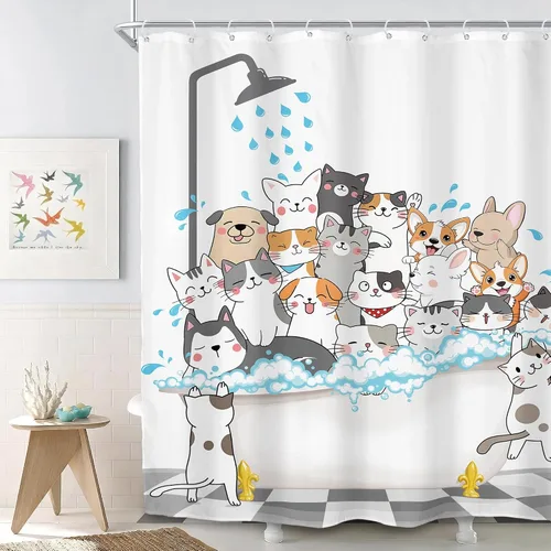 Vista 11 de SVBright Cortina de Ducha de Puesto Pequeño con Lindo Gato 36 pulgadas de ancho x 72 pulgadas de largo para Niños Casa Rodante Media Individual