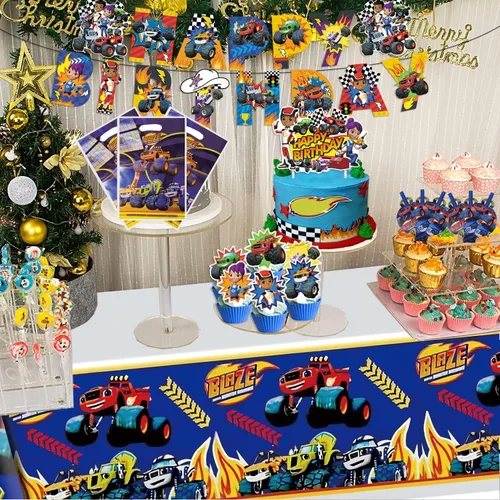 Vista 5 de 133 piezas de suministros para fiesta de cumpleaños de Monster Truck, incluye pancarta, bolsa de regalo, sopladores de fiesta, mantel, decoración