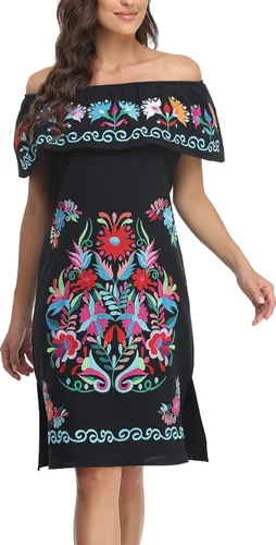 Vista 3 de YZXDORWJ Vestido bordado mexicano sin mangas con cuello de volantes para mujer