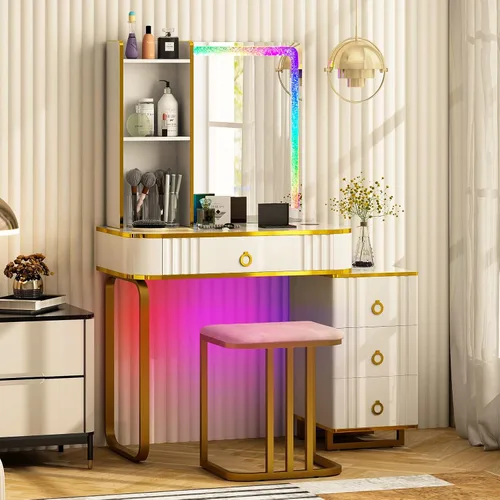 Vista 10 de CHARMAID RBG - Mesa de tocador de maquillaje LED, espejo iluminado colorido, 7 modos dinámicos y 7 estáticos, baúl de 3 cajones, 3 estantes, cajón