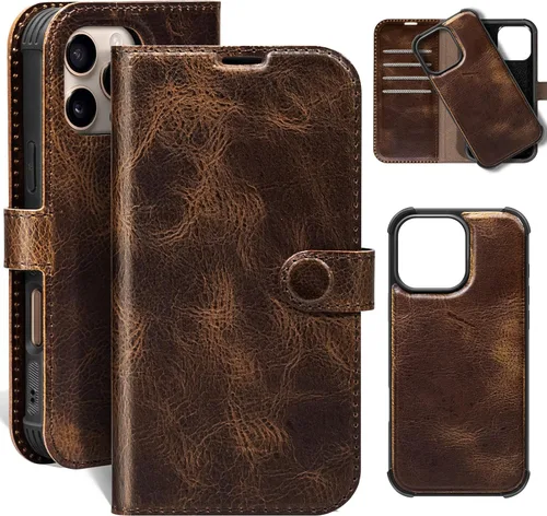 Vista 27 de Funda de cuero compatible con iPhone 16 Pro Max Cartera 6.9", cuero genuino 2 en 1, magnética, desmontable, a prueba de golpes, funda tipo folio