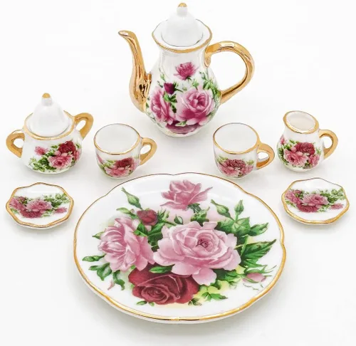 Vista 4 de Odoria Juego de té de porcelana en miniatura 1/6, 8 piezas, accesorios de decoración de casa de muñecas, rosa roja Multicolor