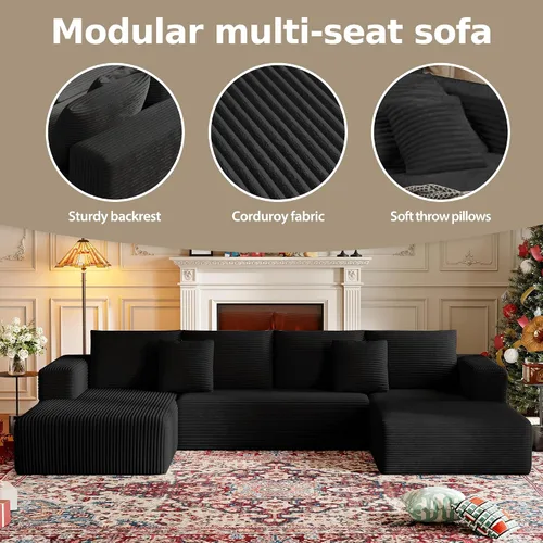 Vista 3 de Sofá modular sin hueso de 134.6 pulgadas para sala de estar, sofá modular de pana en forma de U con diván y almohadas, sofá seccional de 4 asientos