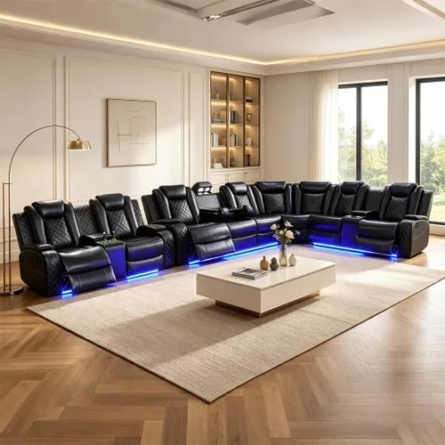 Vista 47 de Juego de sofá seccional reclinable de cuero, sofá seccional con 4 sillones reclinables Juegos de muebles de sala con 3 reclinables, luz LED