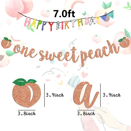 Vista 2 de Cartel con texto en inglés «One Sweet Peach» con tema de durazno para niños, decoración de fiesta de baby shower, suministros para niños y niñas