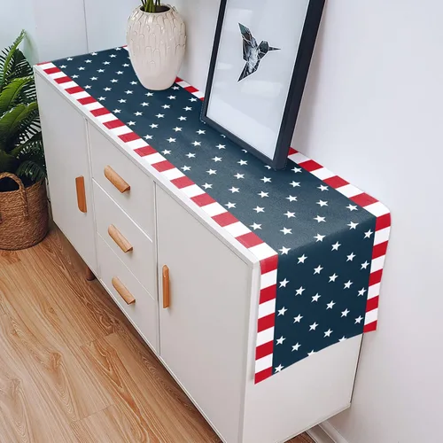 Vista 5 de Día de la Independencia, 4 de julio, camino de mesa de arpillera de lino para cenas, fiestas, decoración de cocina, bandera patriótica de Estados