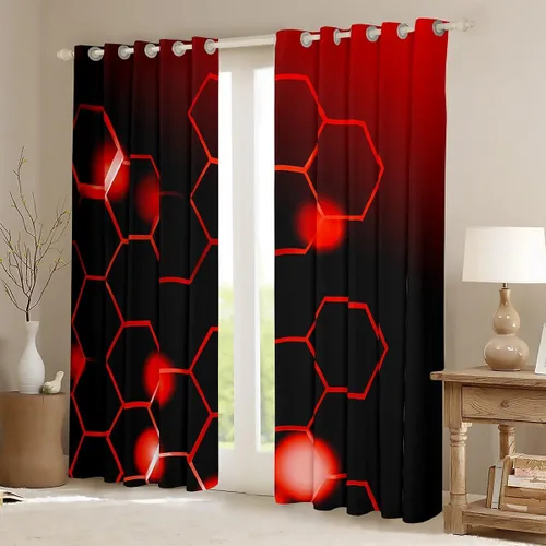 Vista 2 de Cortinas de oscurecimiento rojas y negras (2 paneles, 38 x 45 pulgadas), cortinas de panal para dormitorio, sala de estar, decoración de niños