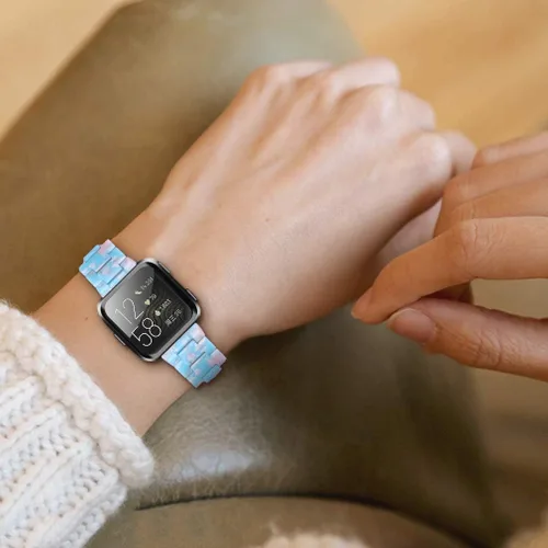 Vista 6 de Pulsera de resina compatible con Fitbit Versa 2/Versa Lite/Versa Band para mujer, correa de pulsera de repuesto de metal con hebilla de acero Azul