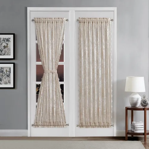 Vista 10 de LinenZone Par de cortinas de encaje de primera calidad para puerta francesa o cortinas de puerta de luz lateral con 2 alzapaños. Cortinas de puerta